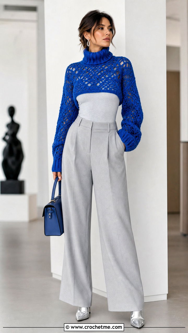 Turtleneck Crochet Sleeve Sweater With Wide Leg Pants - 25 Crochet Mini Sweater outfit ideas