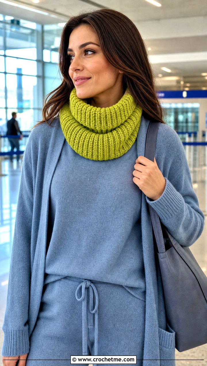 Turtleneck Crochet Snood Cowl With Matching Knit Set - 20 crochet snood cowl outfit ideas