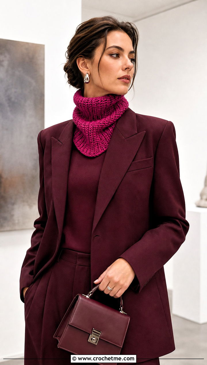 Turtleneck Crochet Snood Scarf With Monochrome Suit - 25 snood crochet scarf outfit ideas