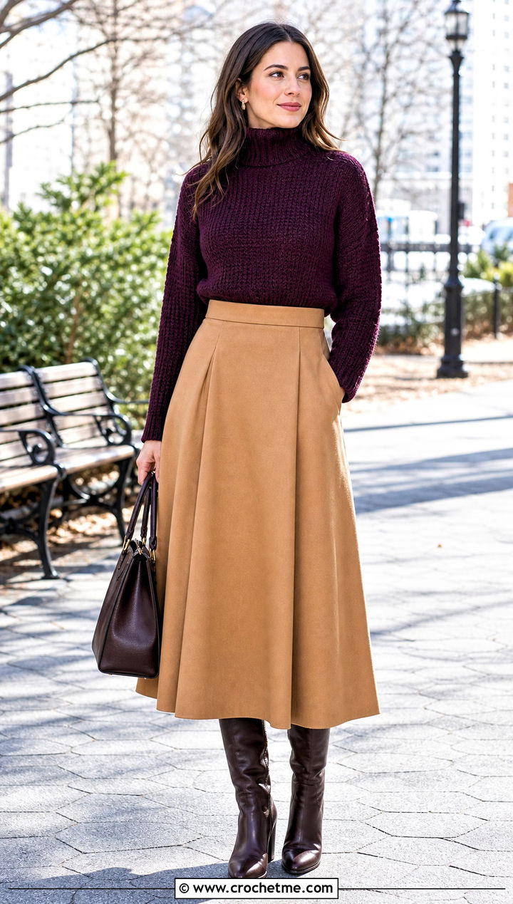 Turtleneck Crochet Sweater With A Line Midi Skirt - 30 unique crochet sweater outfit ideas
