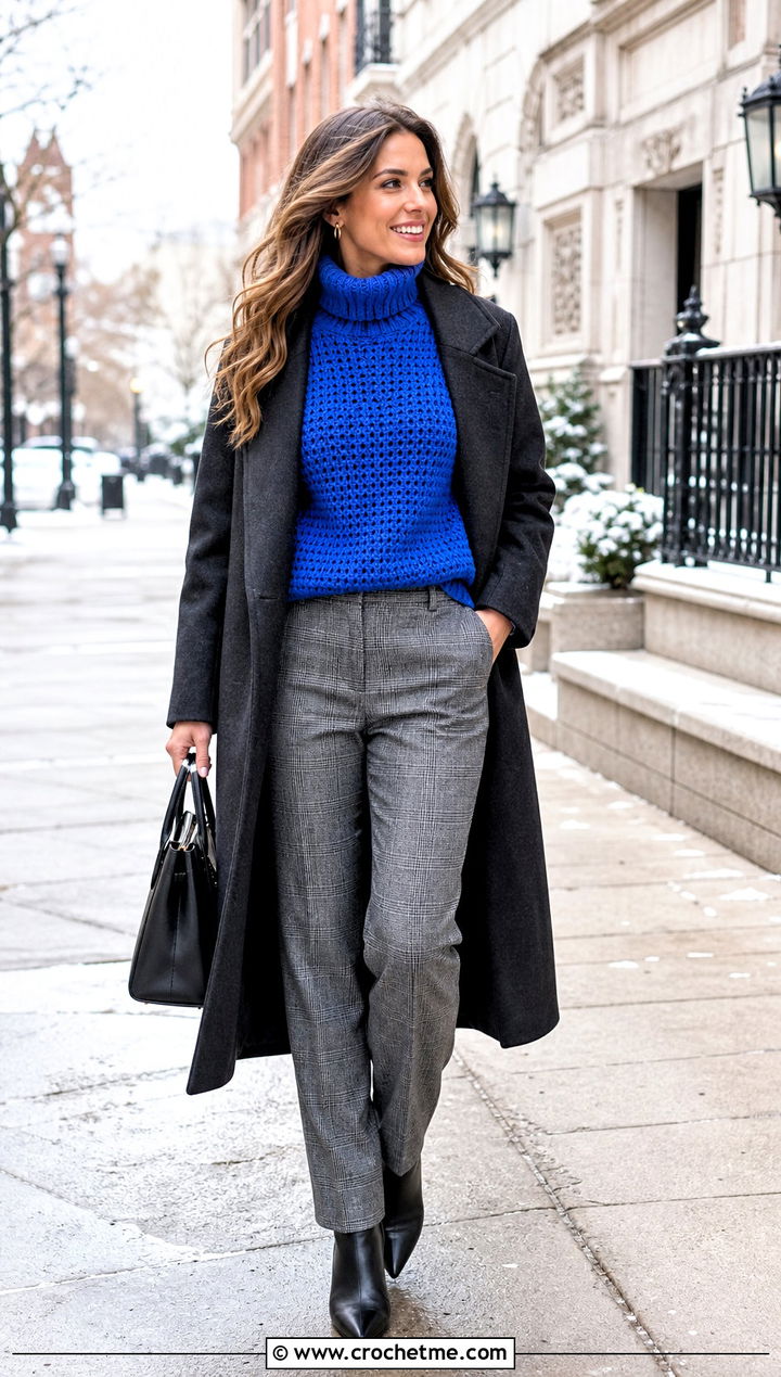 Turtleneck Crochet Sweater With Checked Pants - 30 crochet sweater inspiration outfit ideas