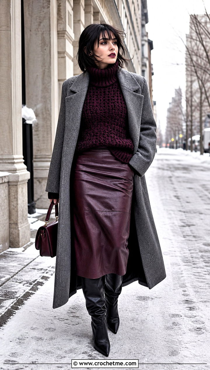 Turtleneck Crochet Sweater With Faux Leather Midi Skirt - 25 alt crochet sweater outfit ideas