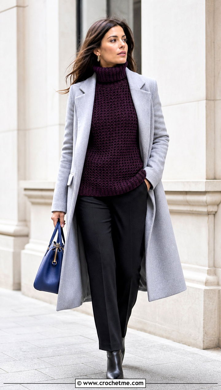 Turtleneck Crochet Sweater With Long Coat - 15 Crochet Womens Sweaters outfit ideas