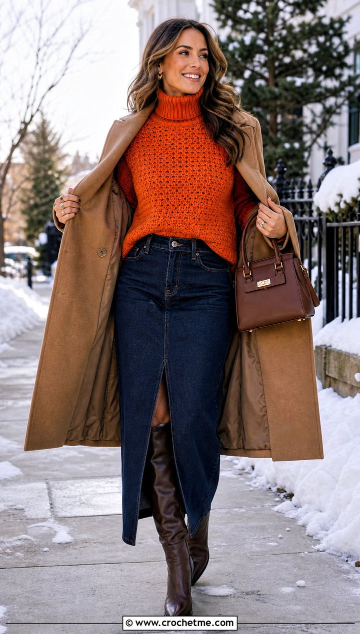 Turtleneck Crochet Sweater With Long Denim Skirt - 30 crochet women sweater outfit ideas