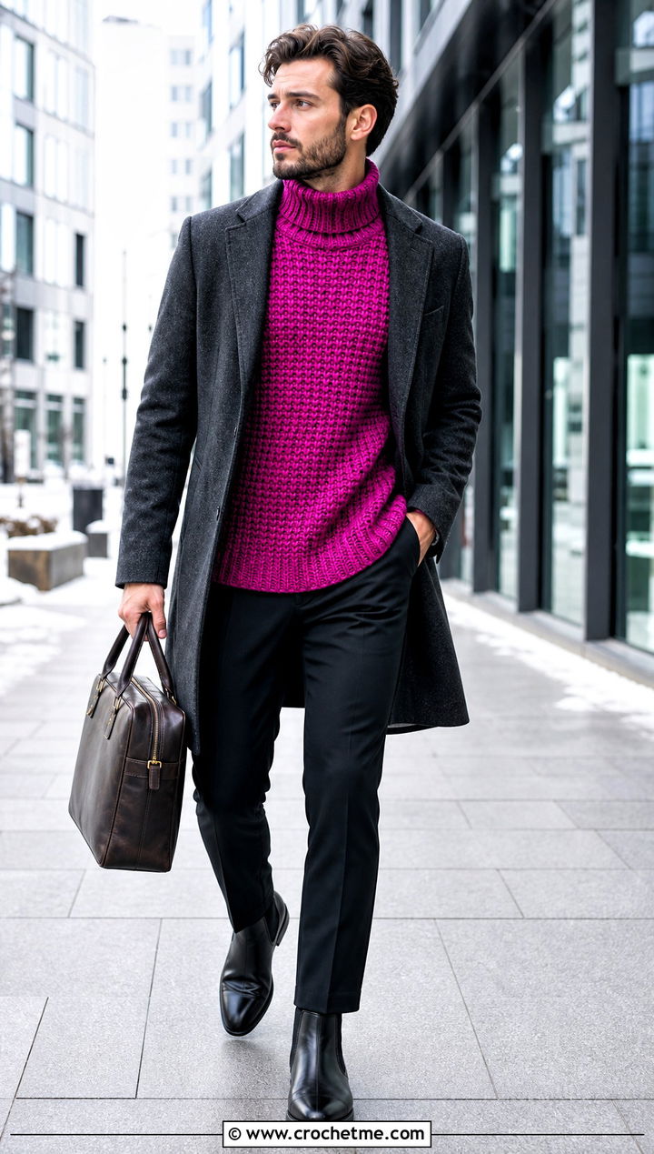 Turtleneck Crochet Sweater With Long Overcoat - 30 crochet sweater for man outfit ideas