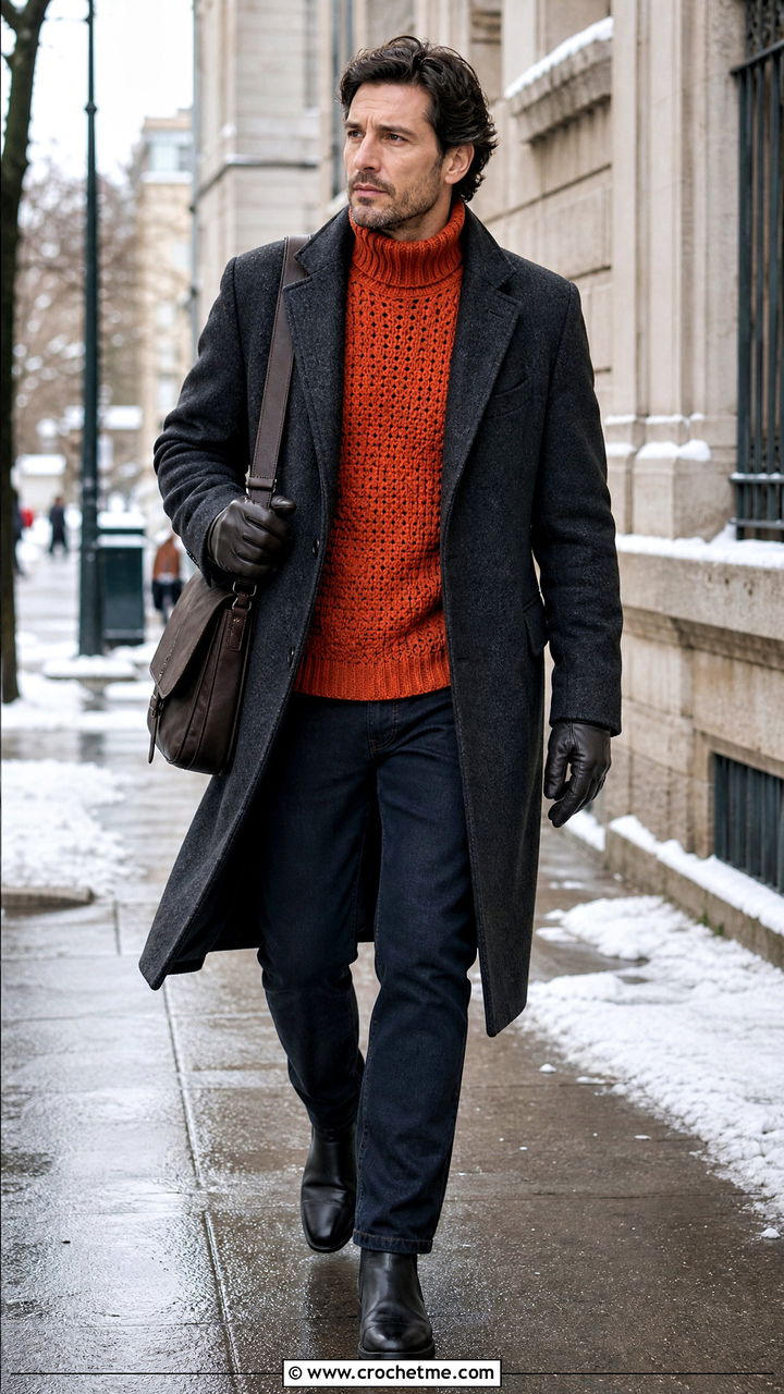 Turtleneck Crochet Sweater With Overcoat And Jeans - 35 crochet sweater for men outfit ideas