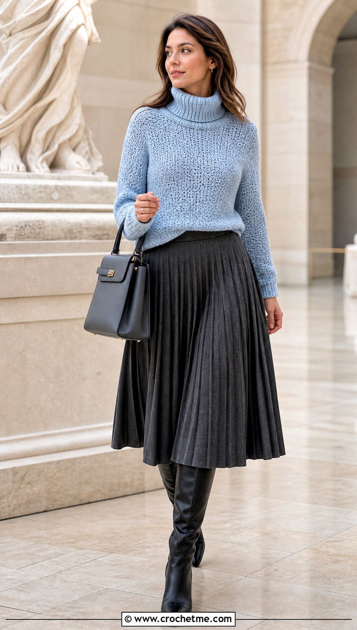 Turtleneck Crochet Sweater With Pleated Midi Skirt - 30 cozy crochet sweater outfit ideas