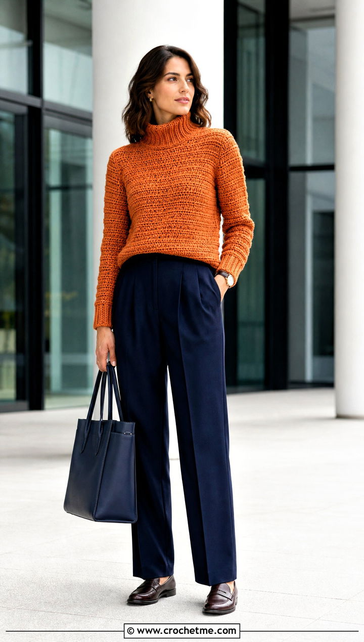 Turtleneck Crochet Sweater With Pleated Trousers - 20 Crochet Ladies Sweater outfit ideas