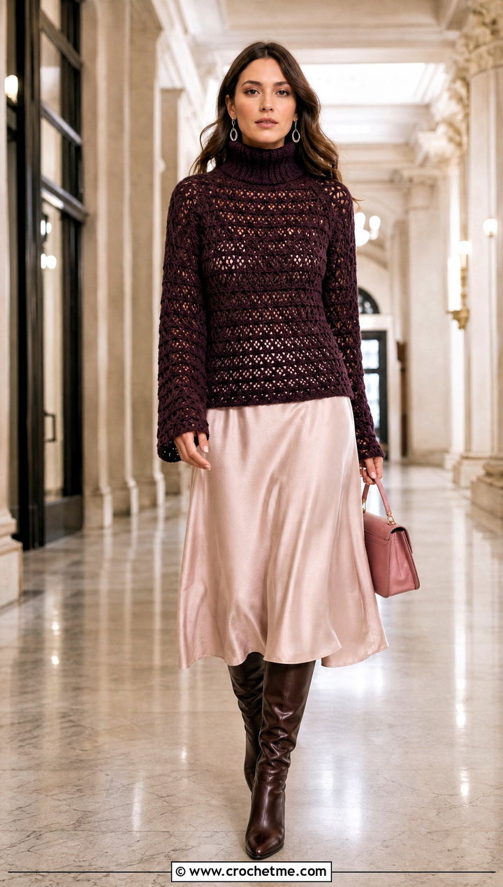 Turtleneck Crochet Sweater With Slip Dress - 25 Valentines Day Crochet Sweater outfit ideas
