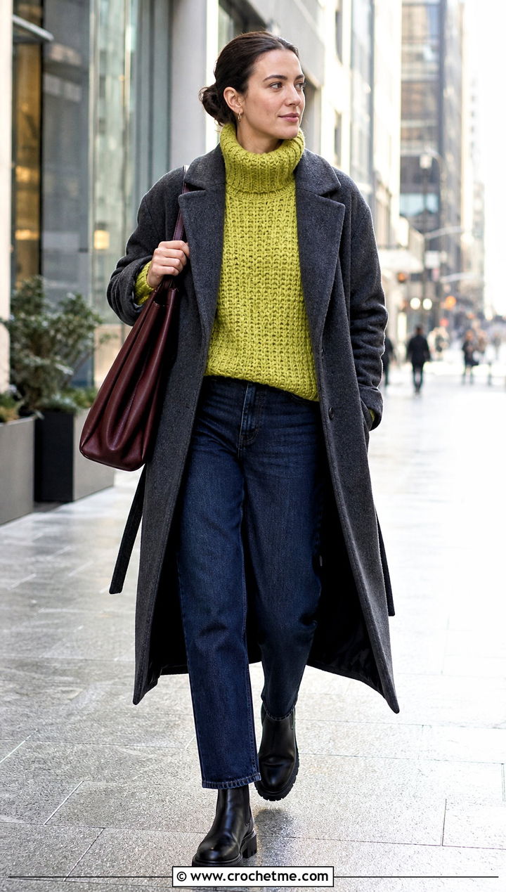 Turtleneck Crochet Sweater With Straight Leg Jeans - 30 winter crochet sweater outfit ideas
