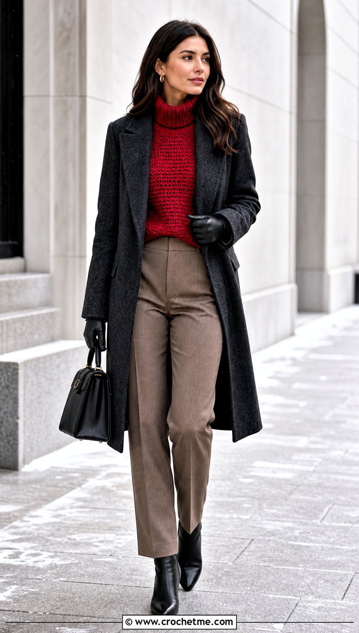 Turtleneck Crochet Sweater With Tailored Coat - 30 Crocheted Sweater Outfit ideas