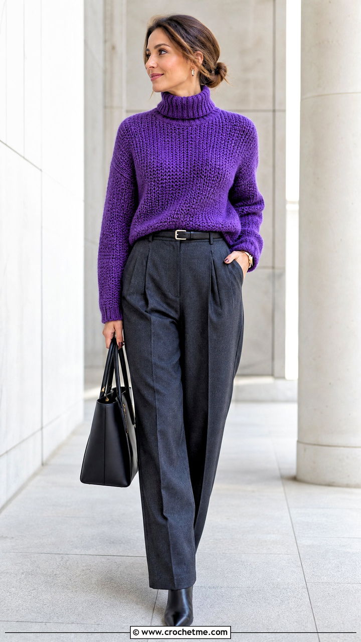 Turtleneck Crochet Sweater With Tailored Pants - 35 crochet sweaters women outfit ideas