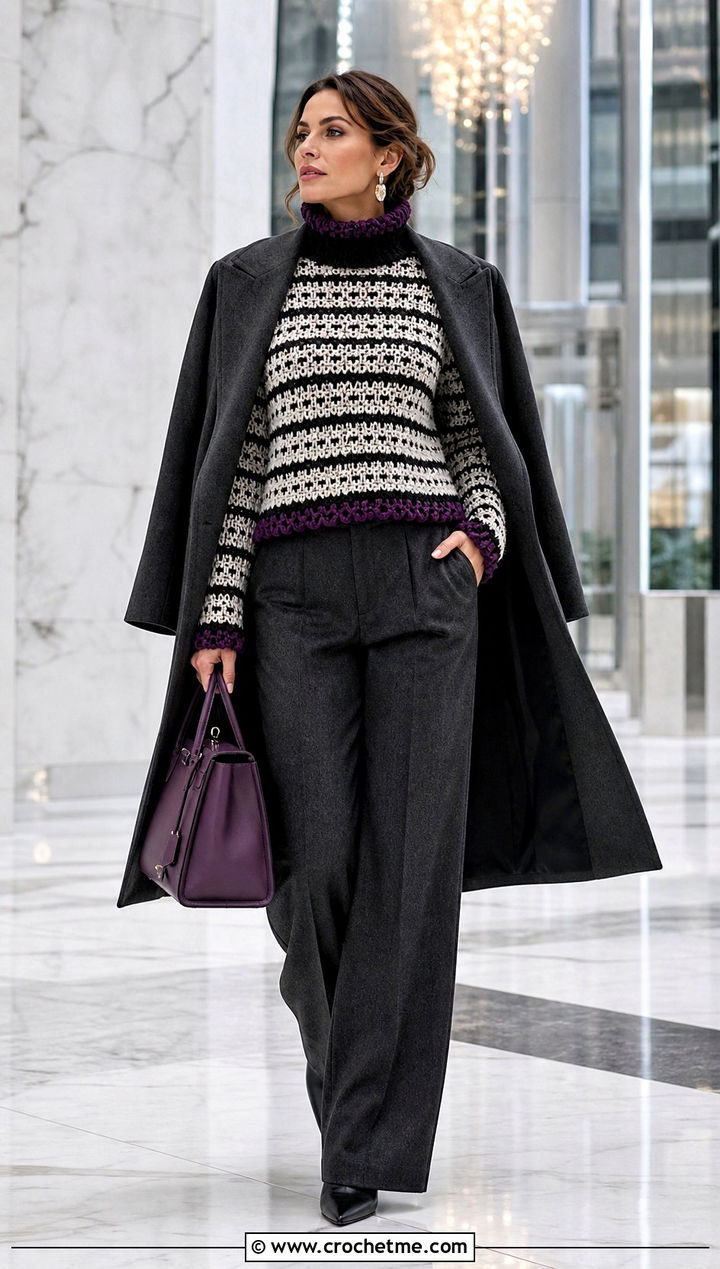 Turtleneck Crochet Sweater With Wide Leg Trousers - 35 black and white crochet sweater outfit ideas