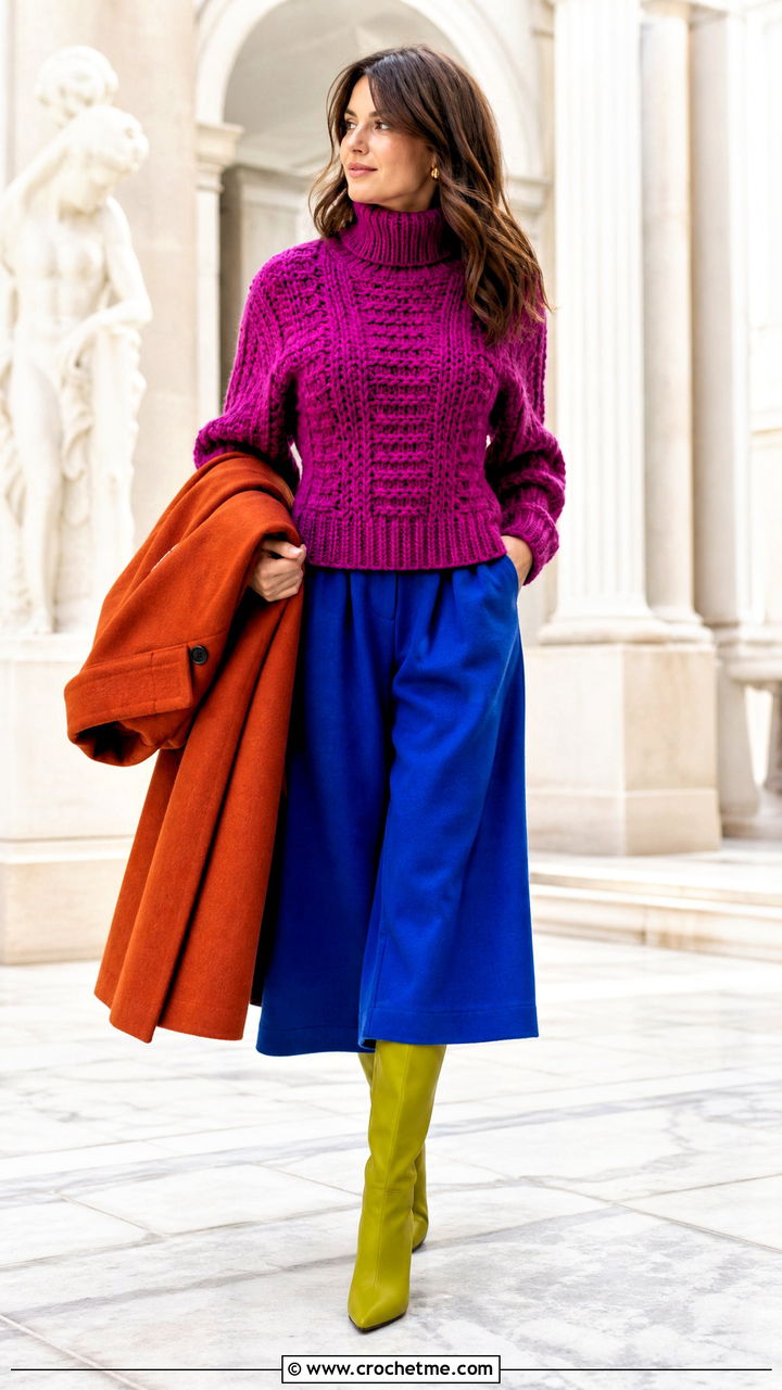 Turtleneck Crochet Sweater With Wool Culottes - 35 crochet sweater design outfit ideas