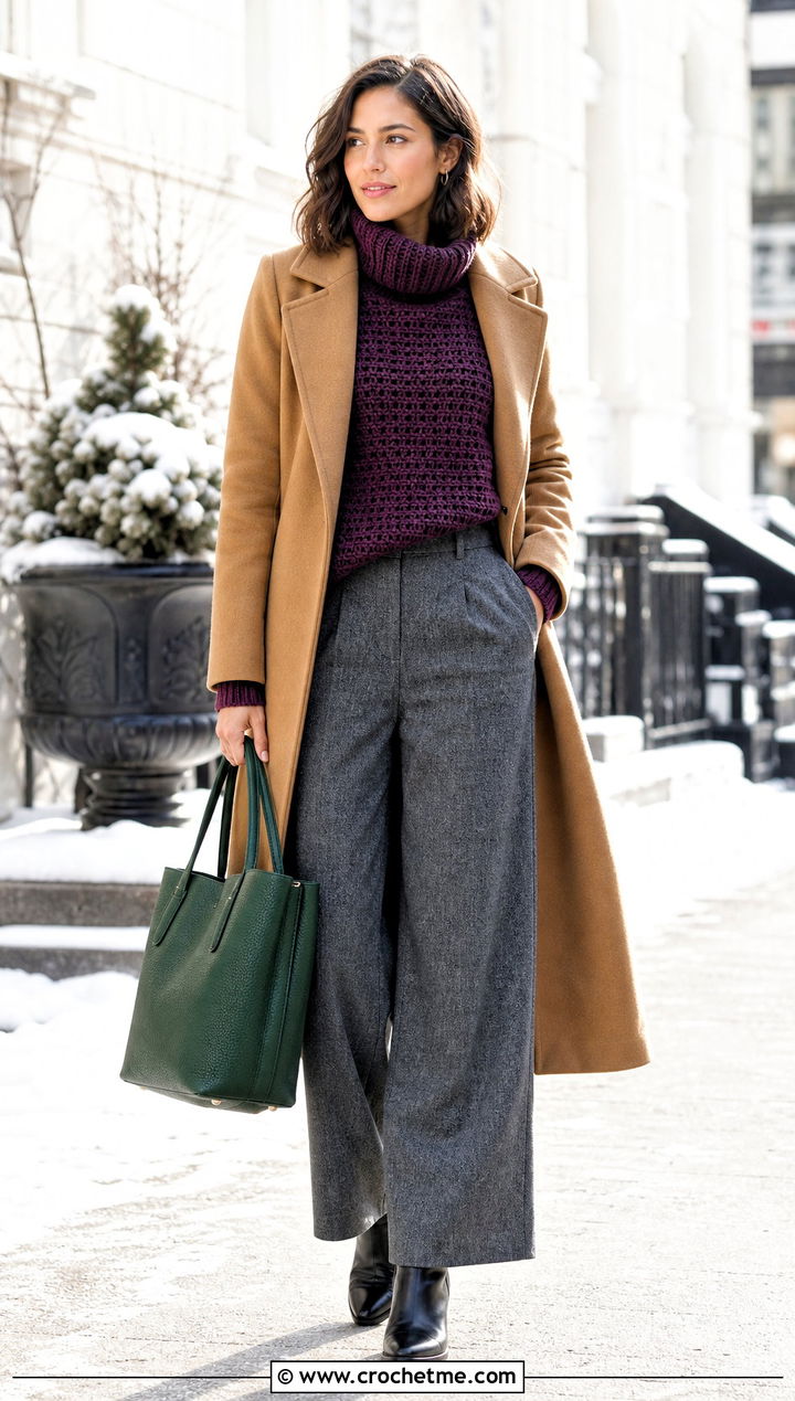 Turtleneck Crochet Sweater With Wool Trousers - 35 easy crochet sweaters outfit ideas