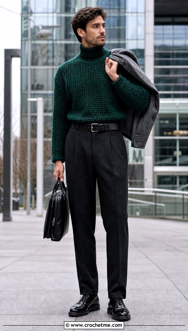 Turtleneck Crochet Sweater With Wool Trousers - 35 men's crochet sweater ideas