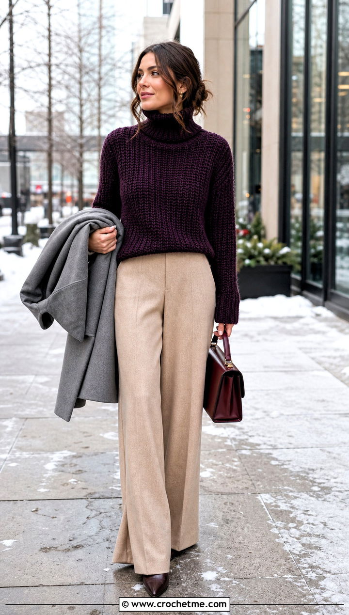 Turtleneck Crochet Sweater With Wool Trousers - 25 handmade crochet sweater outfit ideas