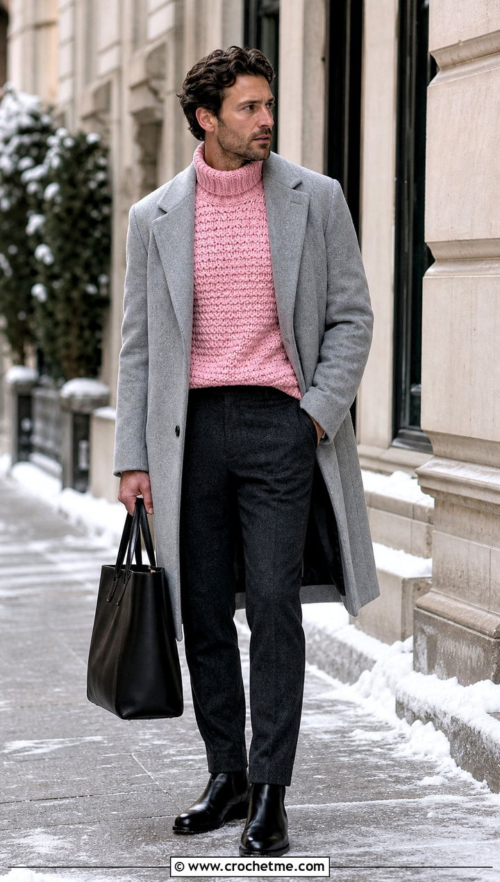 Turtleneck Crochet Sweater With Wool Trousers - 25 man crochet sweater outfit ideas
