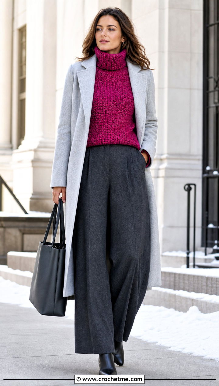Turtleneck Crochet Sweater With Wool Trousers - 25 Womens Crochet Sweater outfit ideas