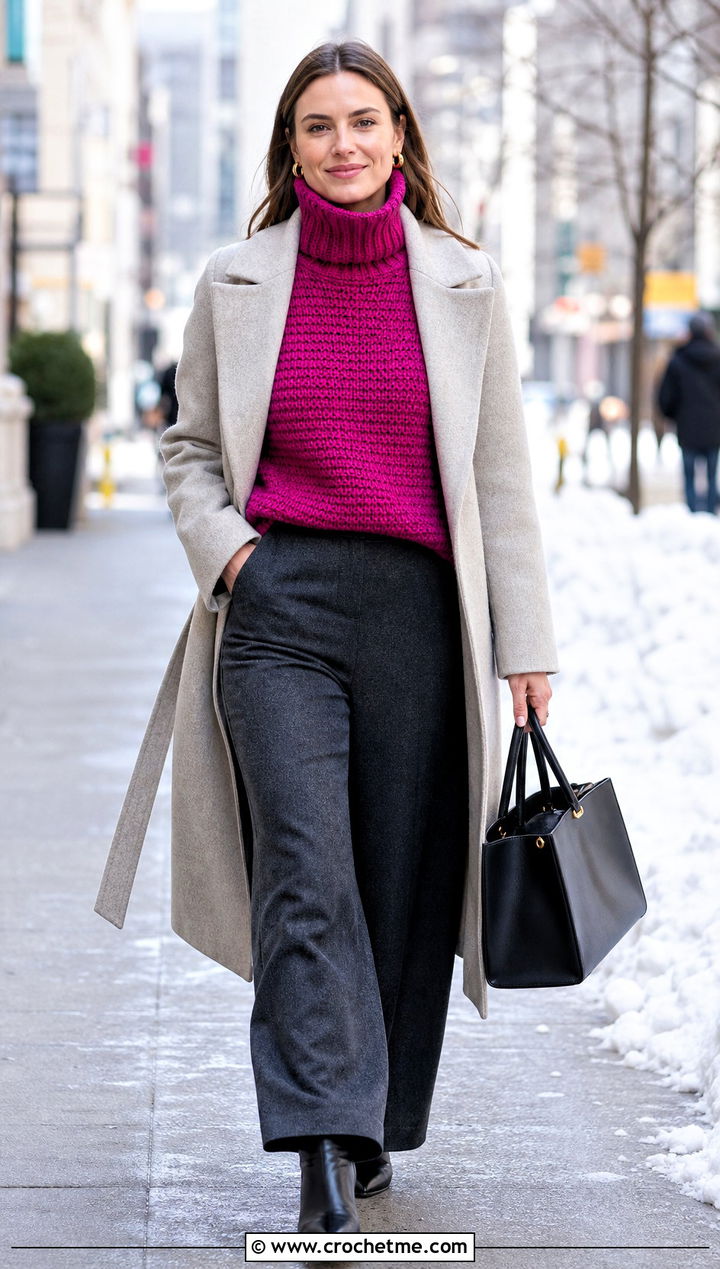 Turtleneck Crochet Sweater With Wool Trousers - 15 vibrant crochet sweater design outfit ideas