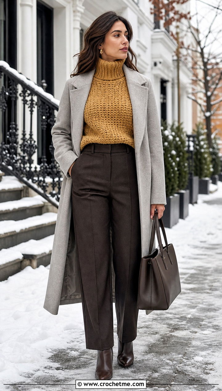 Turtleneck Crochet Sweater With Wool Trousers And Coat - 25 Basic Crochet Sweater outfit ideas
