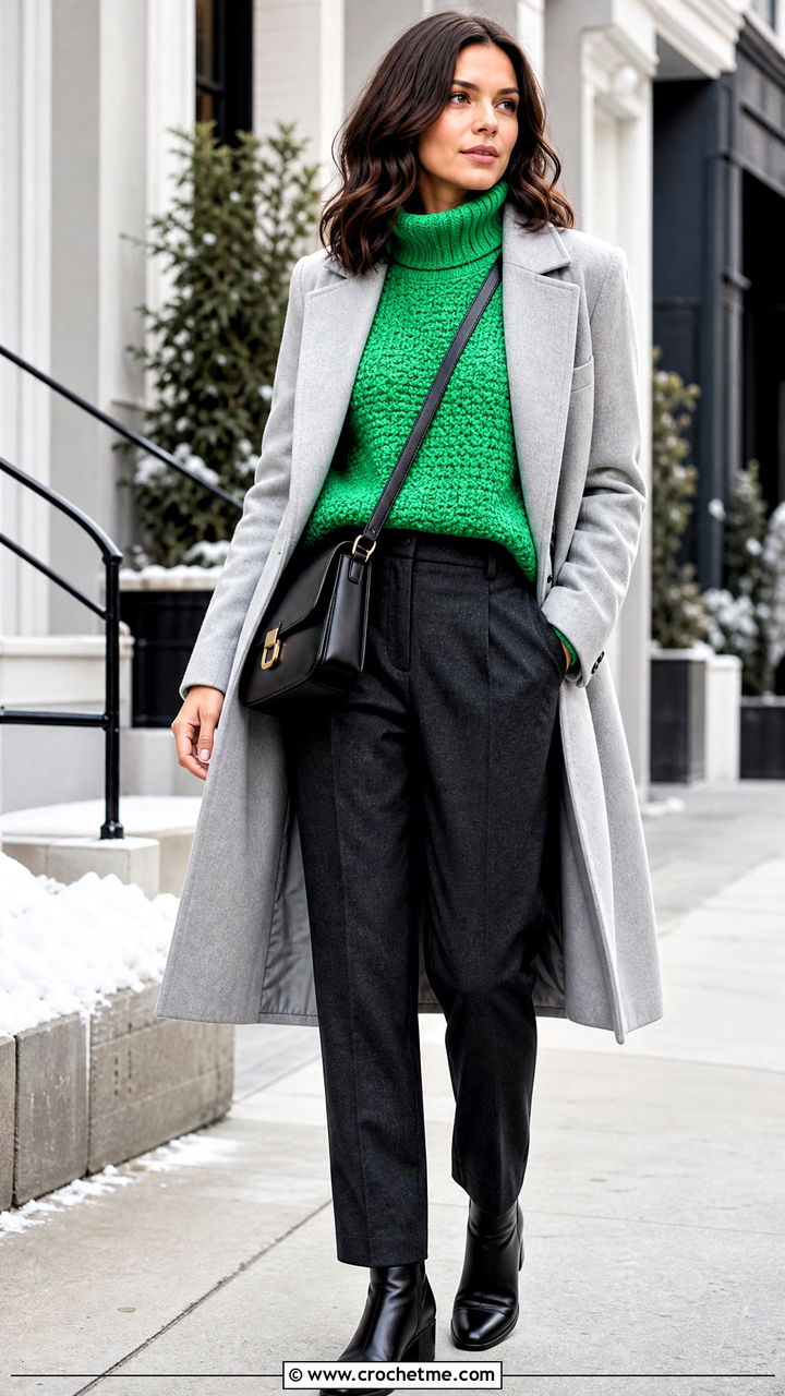 Turtleneck Crochet Sweater With Wool Trousers - 35 cute crochet sweaters outfit ideas