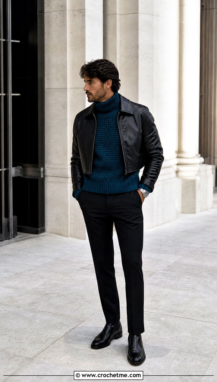 Turtleneck Crochet Sweater With a Leather Jacket - 30 men's crochet sweater outfit ideas