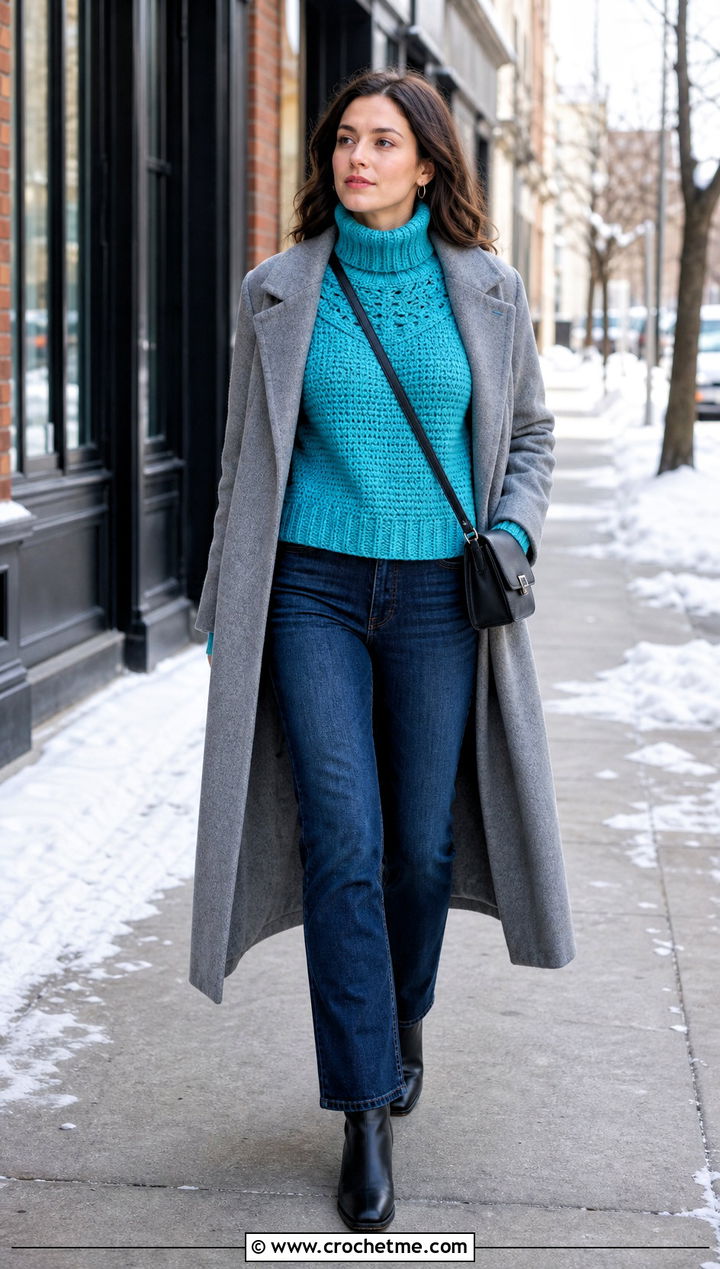Turtleneck Crochet Top Down Sweater With Straight Leg Jeans - 15 Crochet Top Down Sweater outfit ideas