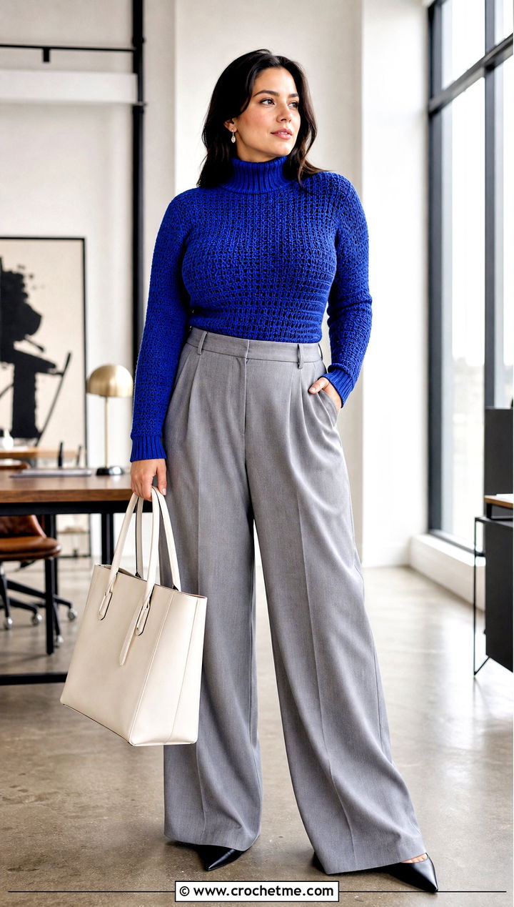 Turtleneck Crochet Top With Wide Leg Trousers - 35 crochet high neck top outfit ideas