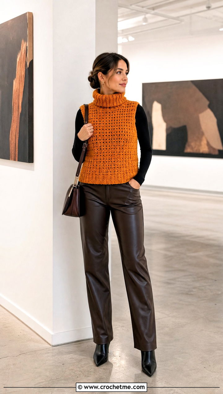 Turtleneck Crochet Vest With Faux Leather Pants - 25 beginner crochet vest outfit ideas
