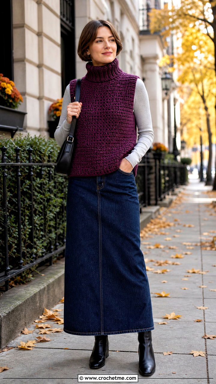 Turtleneck Crochet Vest With Maxi Skirt - 35 easy crochet vest outfit ideas