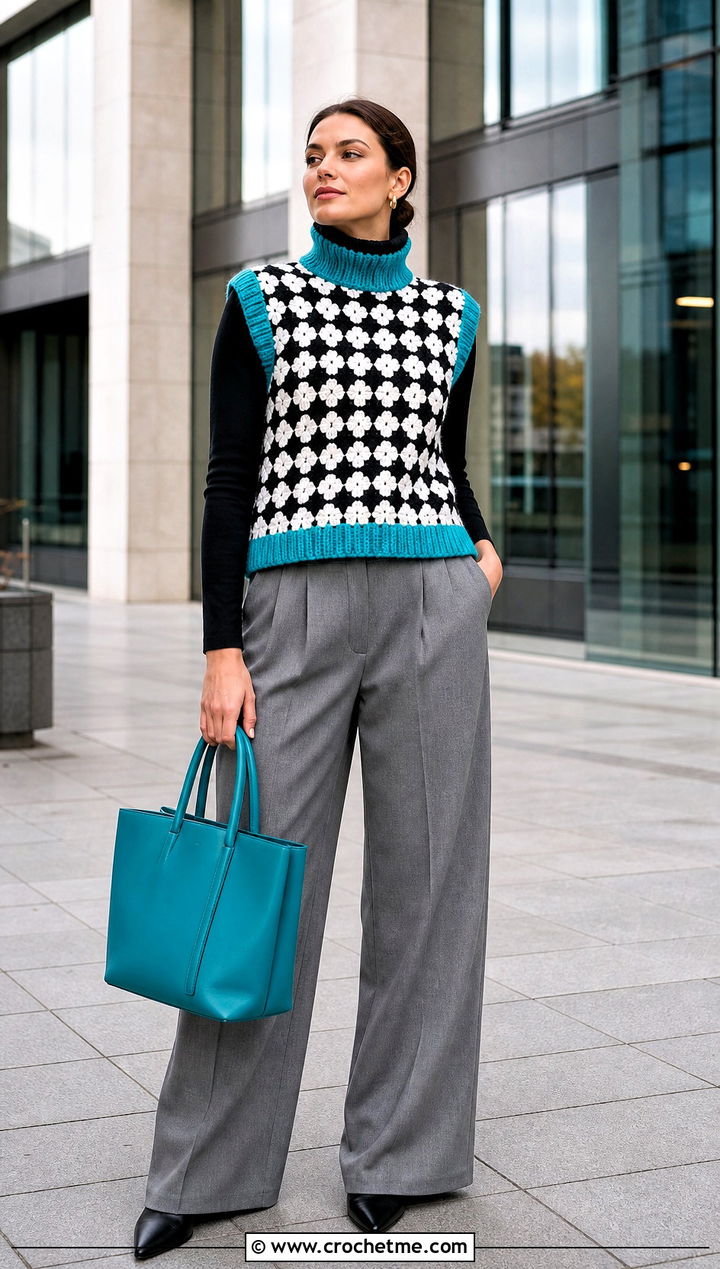 Turtleneck Crochet Vest With Wide Leg Trousers - 30 black and white crochet vest outfit ideas