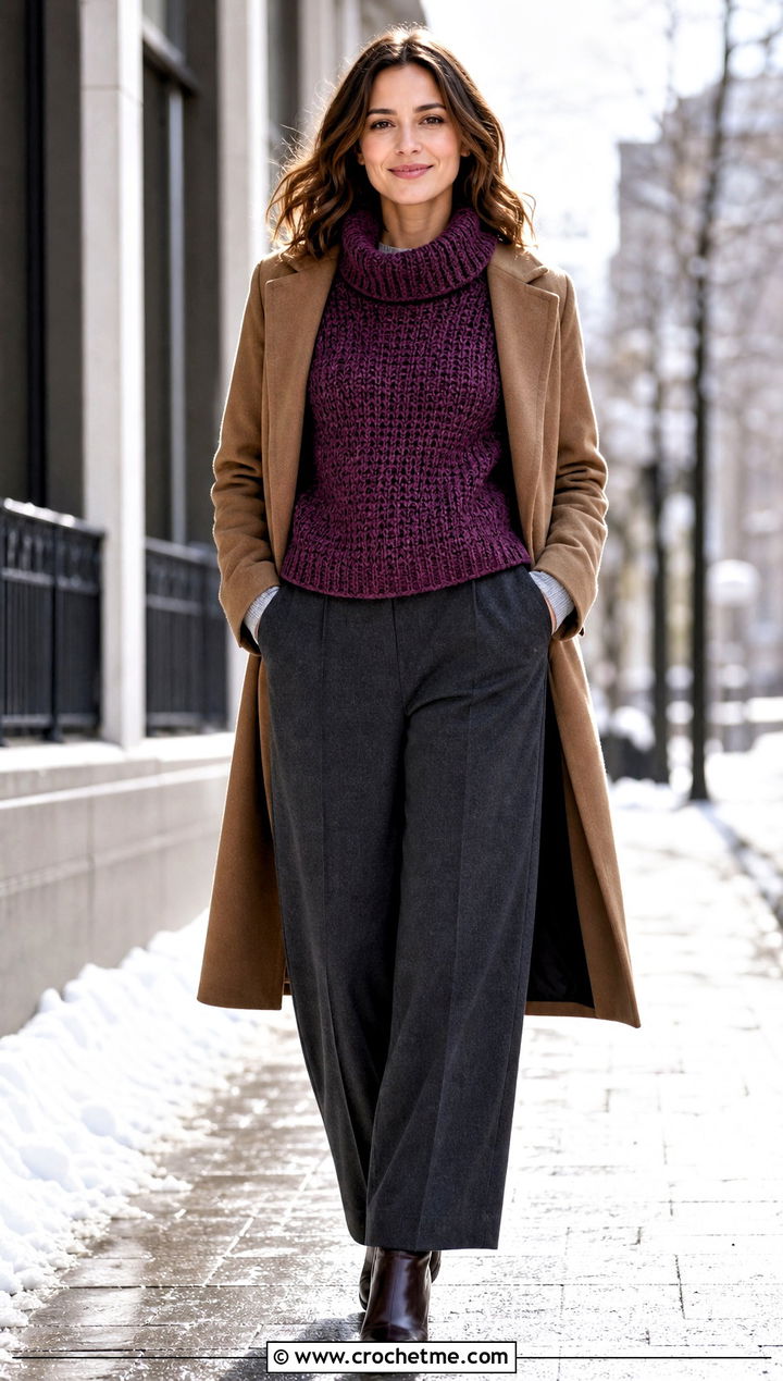 Turtleneck Crochet Vest With Wool Trousers - 35 diy crochet vest outfit ideas