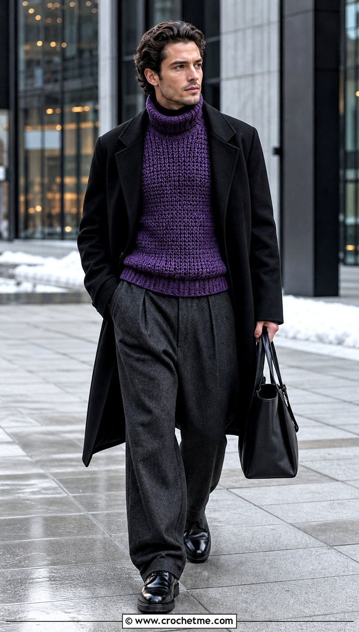 Turtleneck Crochet Vest With Wool Trousers - 30 men's crochet vest outfit ideas