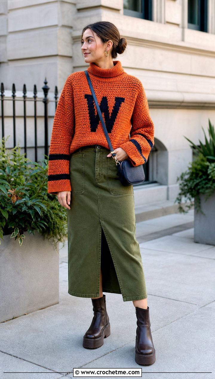 Turtleneck Crochet Weasley Sweater With Utility Skirt - 35 crochet weasley sweater outfit ideas