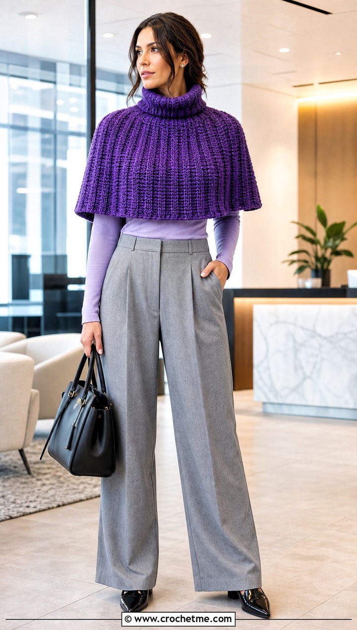 Turtleneck Crocheted Capelet With Tailored Trousers - 25 Crocheted Capelet outfit ideas