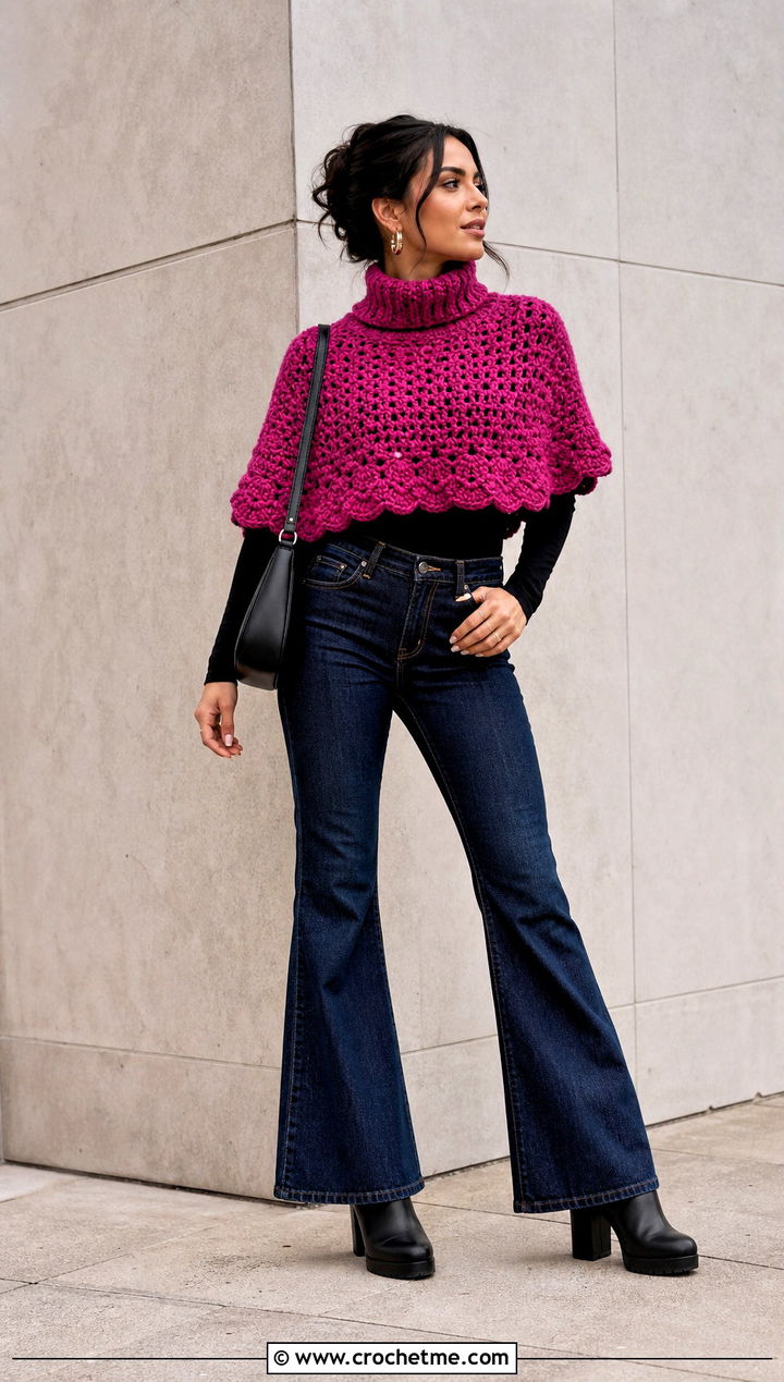 Turtleneck Cropped Crochet Poncho With Flared Pants - 20 Cropped Crochet Poncho outfit ideas