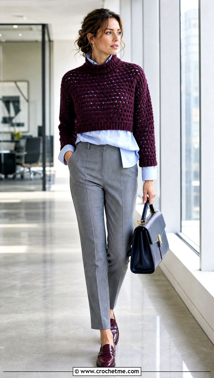 Turtleneck Cropped Crochet Sweater With Button Down Shirt - 35 cropped crochet sweater outfit ideas