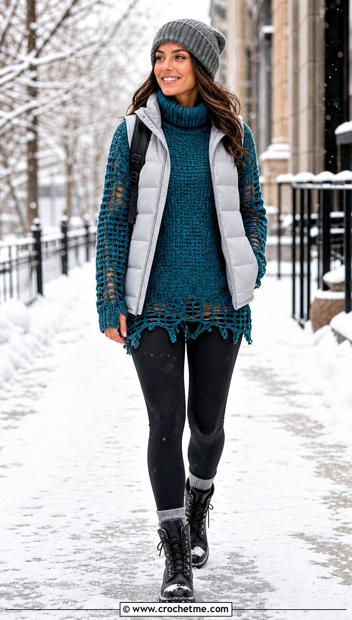 Turtleneck Distressed Crochet Sweater With Puffer Vest - 35 distressed crochet sweater outfit ideas