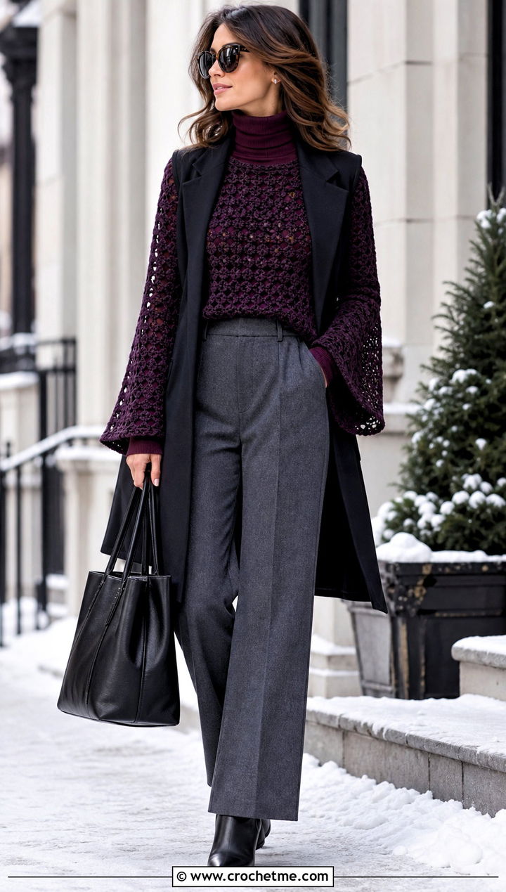 Turtleneck Flare Sleeve Crochet Top With Wool Trousers - 20 Crochet Top With Flare Sleeves outfit ideas
