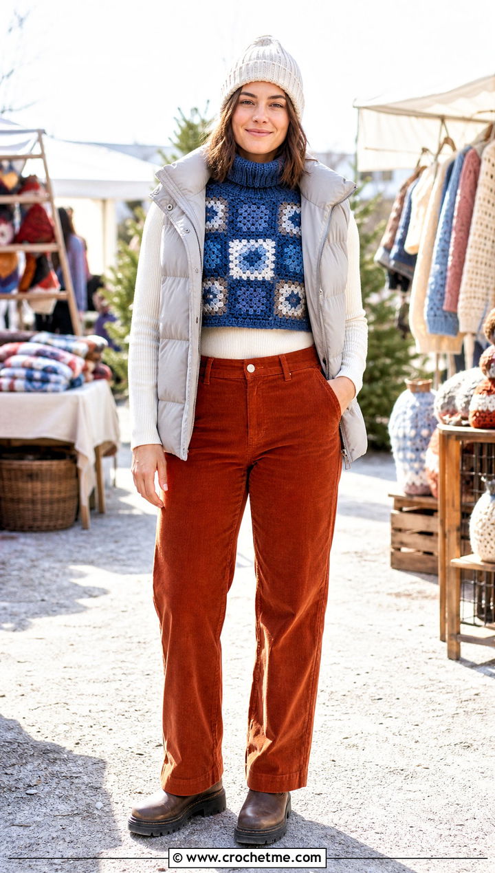 Turtleneck Granny Square Crochet Crop Top With Corduroy Pants - 30 granny square crochet crop top outfit ideas