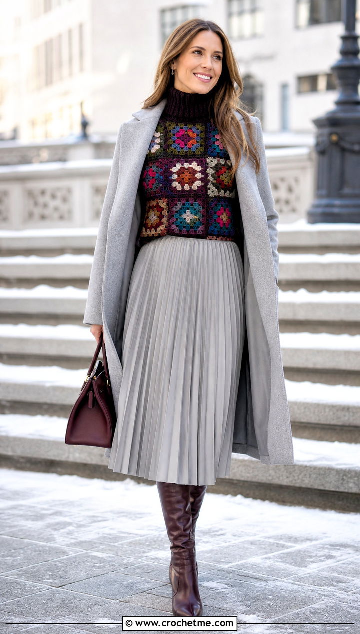 Turtleneck Granny Square Jumper With Pleated Midi Skirt - 35 granny square jumper outfit ideas