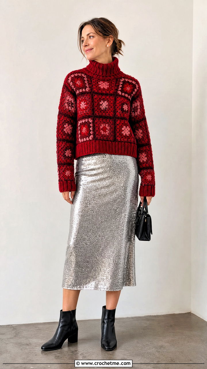 Turtleneck Granny Square Jumper With Sequin Midi Skirt - 35 crochet granny square jumper outfit ideas