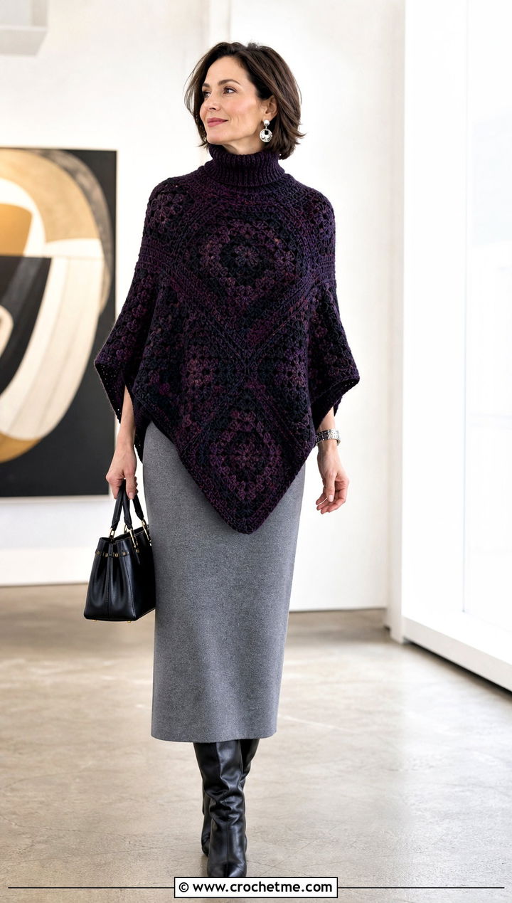 Turtleneck Granny Square Poncho With Column Skirt - 25 Granny Squares Poncho outfit ideas
