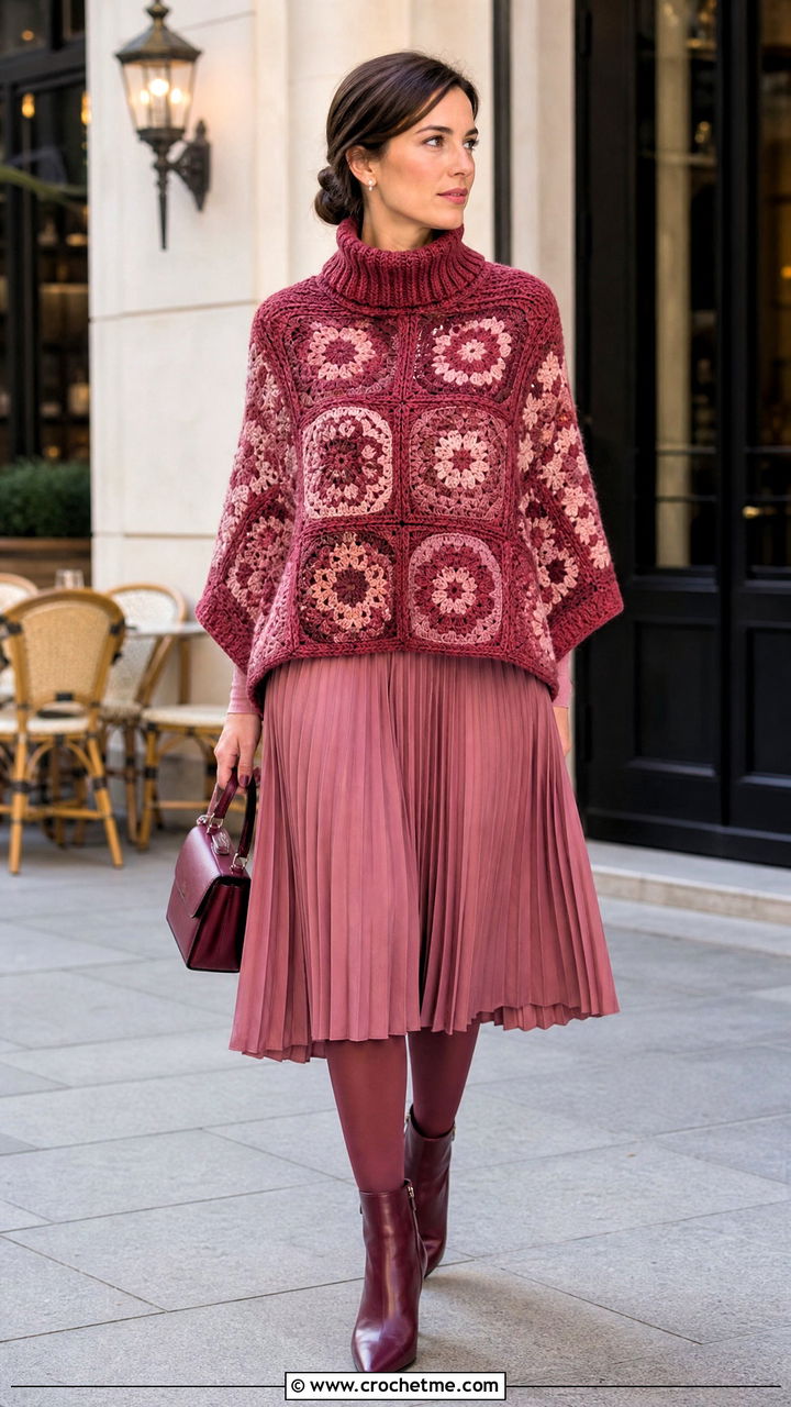 Turtleneck Granny Square Poncho With Pleated Skirt - 35 crochet granny square poncho outfit ideas