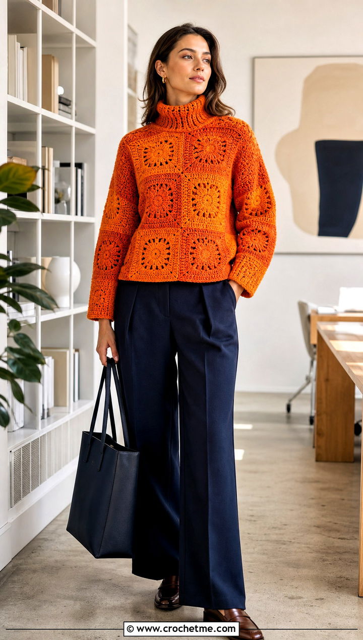 Turtleneck Granny Square Pullover Sweater With Tailored Trousers - 35 Granny Square Pullover Sweater outfit ideas