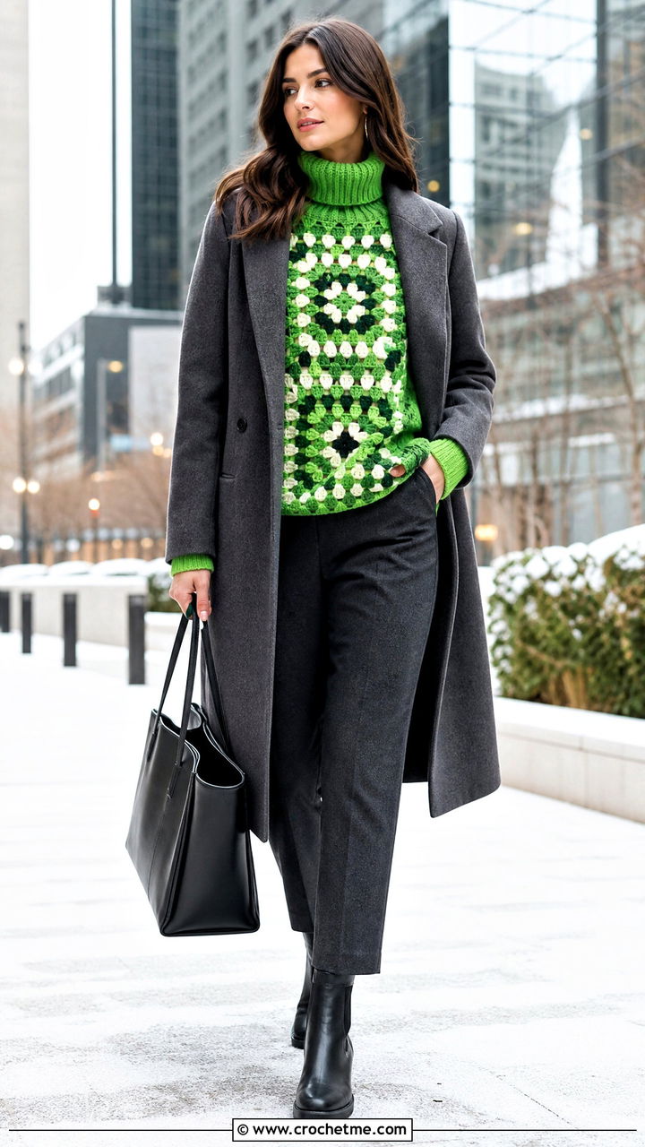 Turtleneck Granny Square Pullover With Wool Trousers - 35 granny square pullover outfit ideas