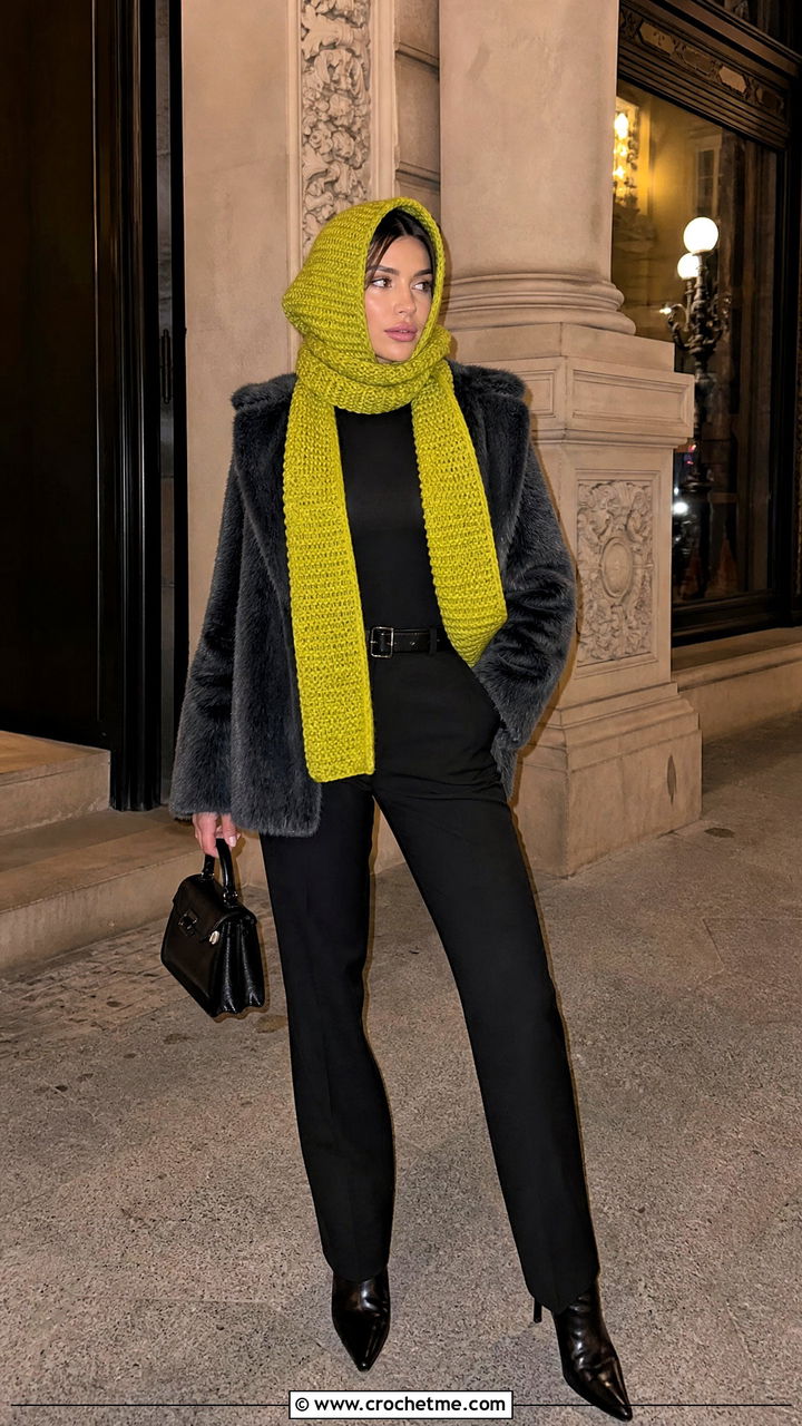Turtleneck Hooded Scarf With Faux Fur Coat - 35 crochet hooded scarf outfit ideas