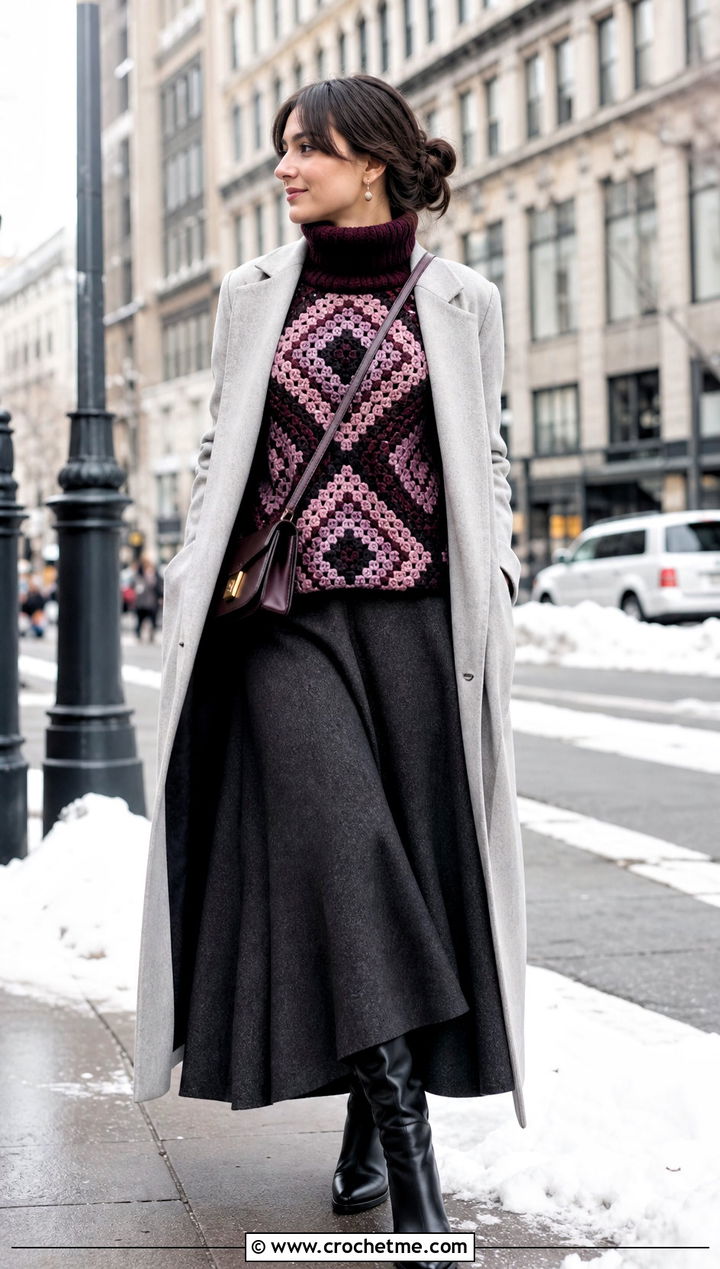 Turtleneck Howls Crochet Sweater With Maxi Skirt - 25 Howls Crochet Sweater outfit ideas