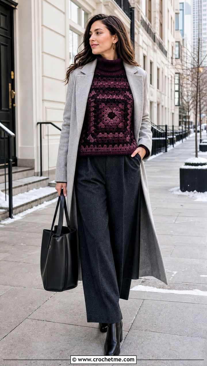 Turtleneck Large Granny Square Sweater With Wool Trousers - 35 large granny square sweater outfit ideas